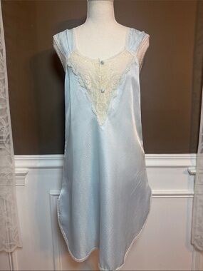 Lily of France Pale Blue Satin Chemise with Ivory Lace Trim